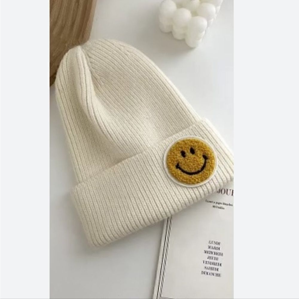 Cream Color Happy Face Beanie OS